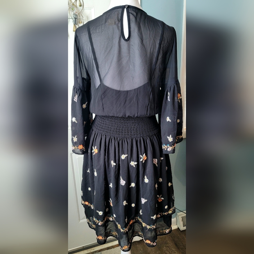 Anthropologie Maeve Anfisa Floral Embroidered Chiffon Mini Dress Womens 2 Black - Picture 4 of 16
